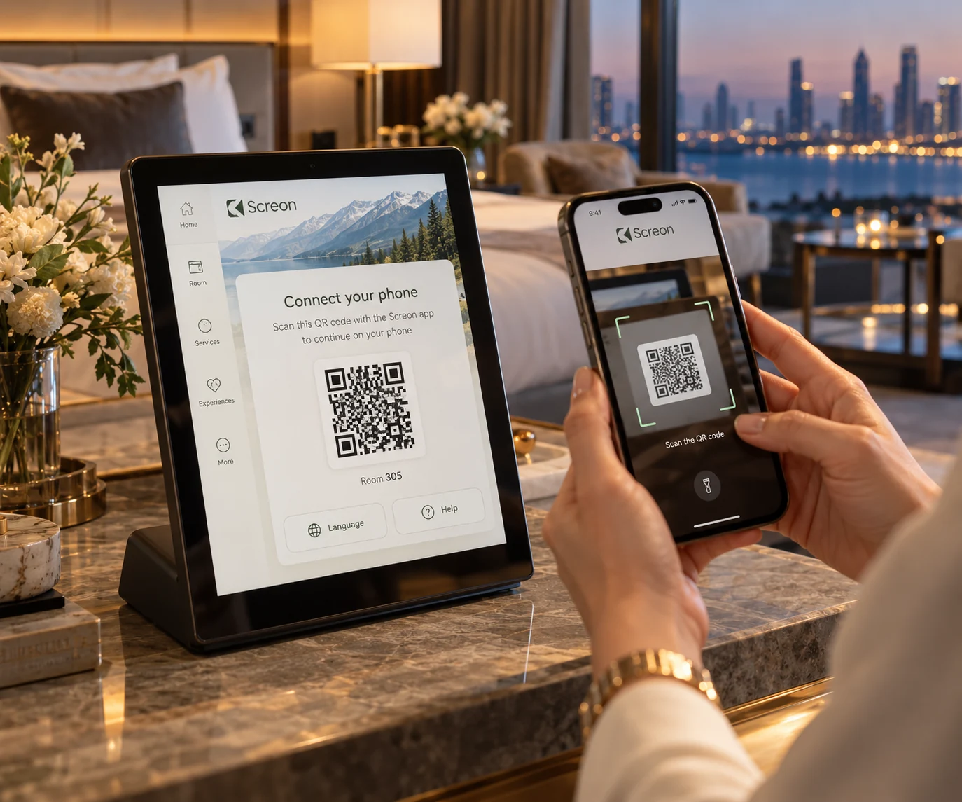 QR access shown on a tablet and phone
