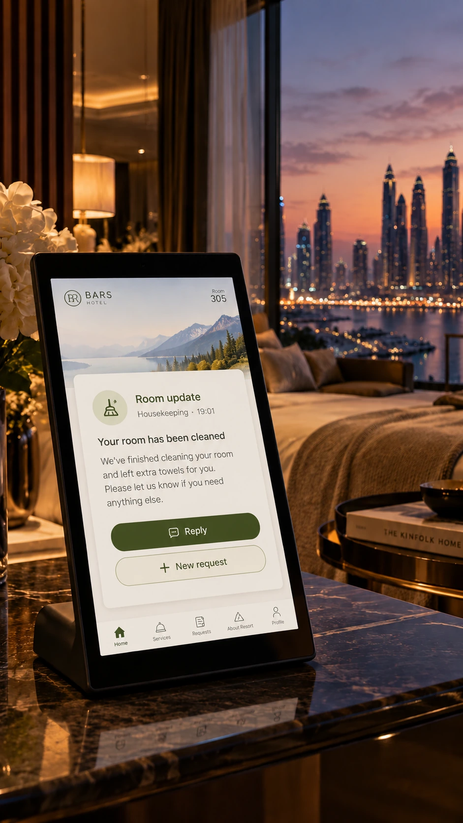 Your room has been cleaned message with Reply and New request actions